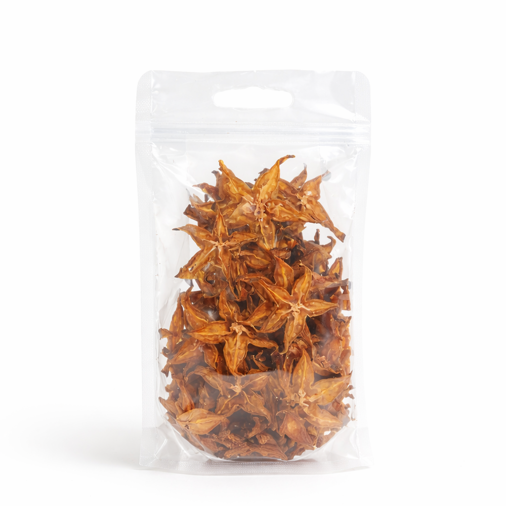 Dehydrated starfruit for cocktails and culinary use in clear resealable pouch