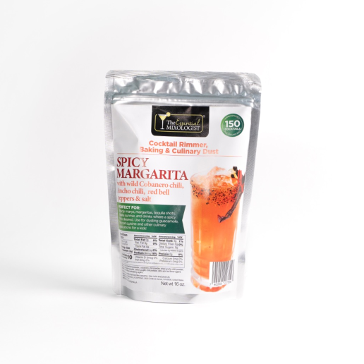 Spicy margarita cocktail rimmer with ancho chili, cobanero chili, red bell pepper, and salt in resealable pouch