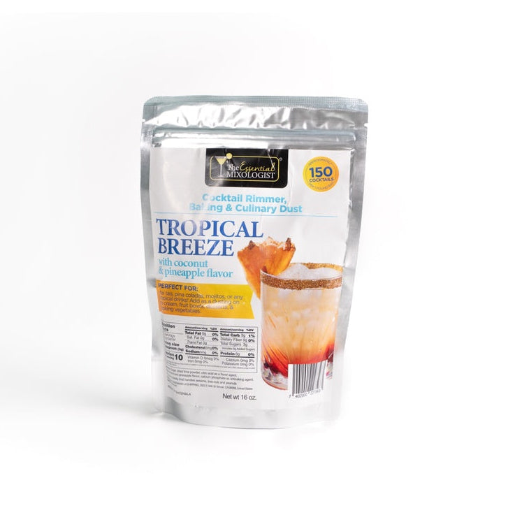 Tropical Breeze cocktail rimmer with coconut and pineapple flavor in resealable pouch, sweet tropical rim sugar for cocktails and culinary use