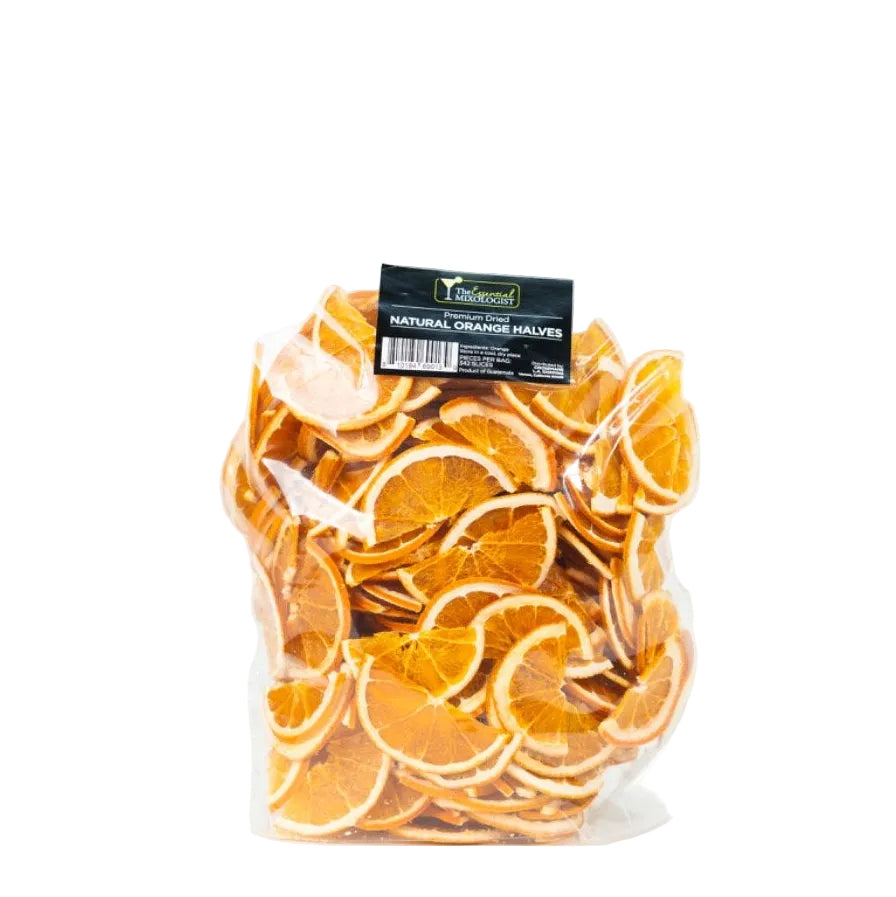 Dehydrated orange halves in clear bag for cocktails and beverage garnishes

