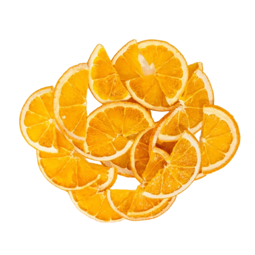 Flat lay of dehydrated orange halves showing color and texture