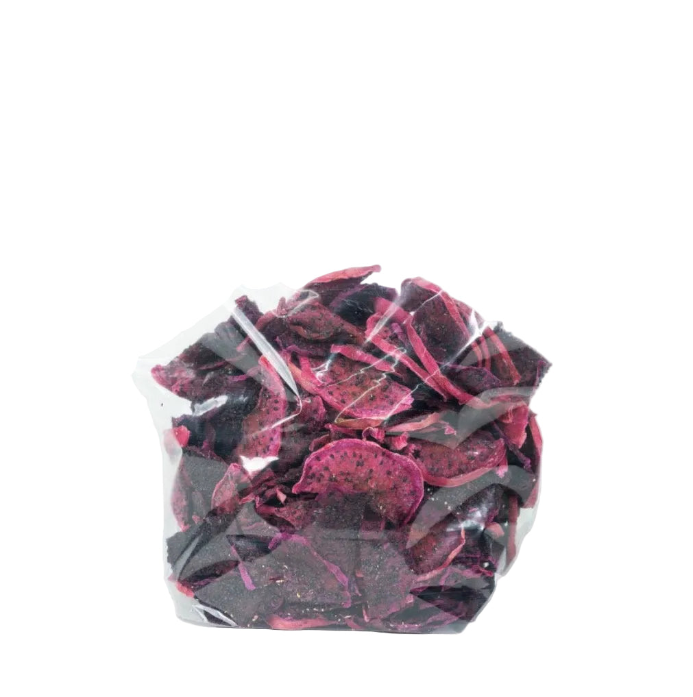 Dehydrated red dragon fruit halves in clear bag for cocktails and beverage garnishes
